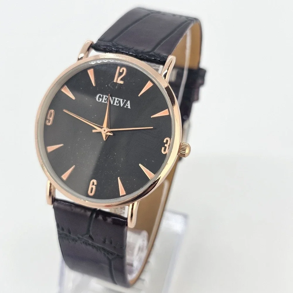 Men's Analog Watch 38MM Black Dial Brown Faux Leather Bands New Battery